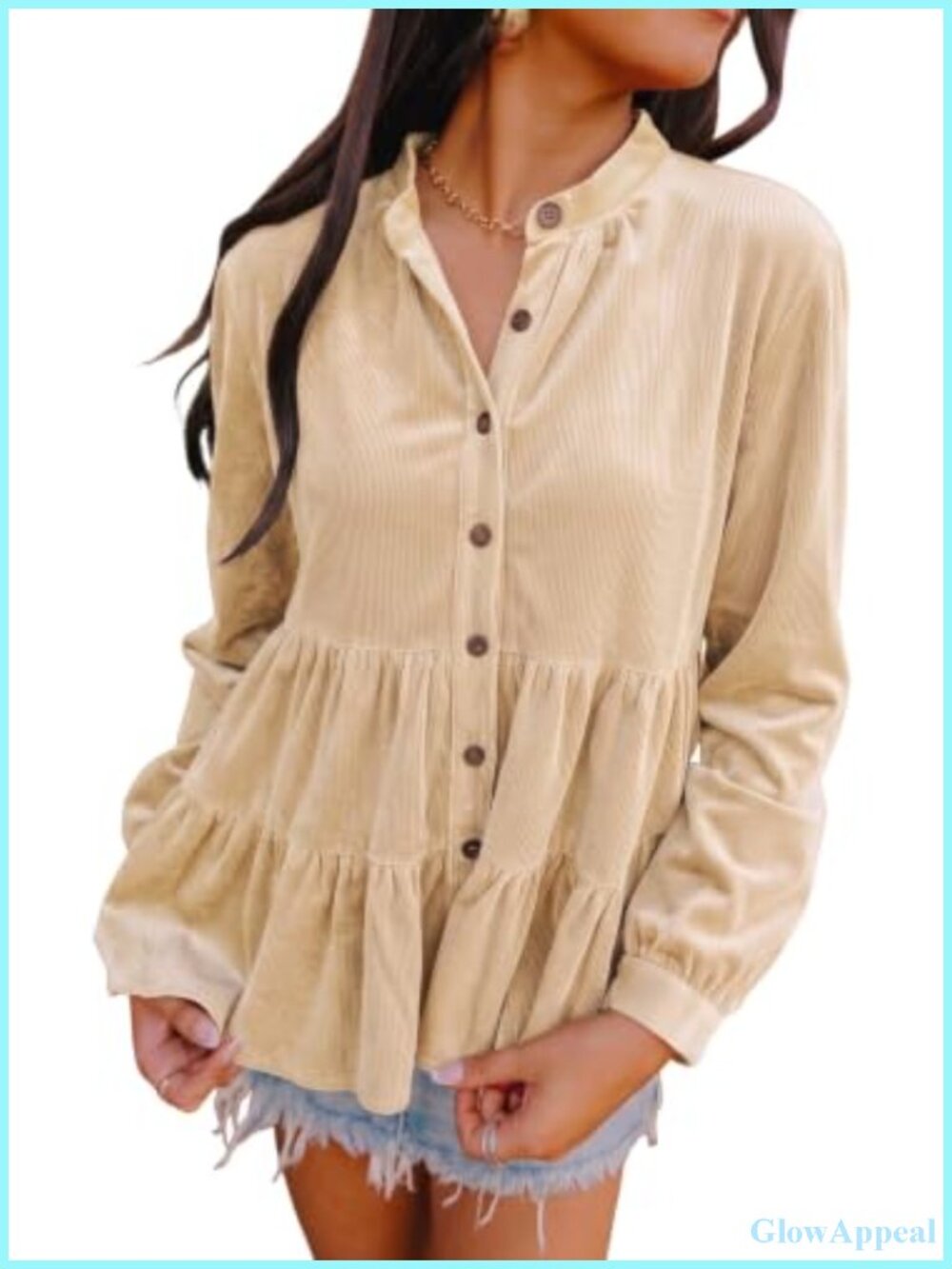 Womens Ruffle Tiered Hem Button Down Babydoll Blouse Long Sleeve